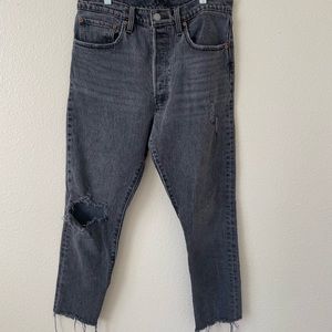 Levi black 501 jeans raw hem, distressed